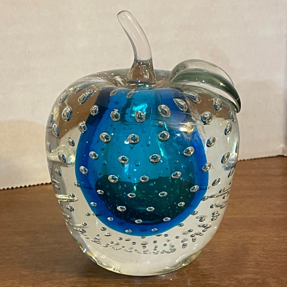 Art Glass Apple Paperweight Clear Cobalt Blue Cased Bullicante Controlled Bubble